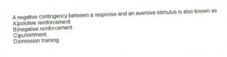 A negative contingency between a response and an aversive stimulus is also known as
A)positive reinforcement.
B)negative reinforcement.
C)punishment.
D)omission training.