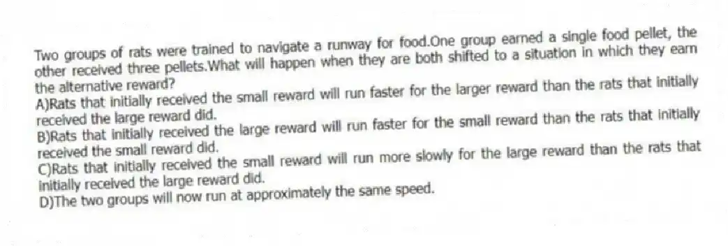 Two groups of rats were trained to navigate a runway for food.One group earned a single food pellet, the other received three pellets.What will happen when they are both shifted to a situation in which they earn the alternative reward?
A)Rats that initially received the small reward will run faster for the larger reward than the rats that initially received the large reward did.
B)Rats that initially received the large reward will run faster for the small reward than the rats that initially received the small reward did.
C)Rats that initially received the small reward will run more slowly for the large reward than the rats that initially received the large reward did.
D)The two groups will now run at approximately the same speed.