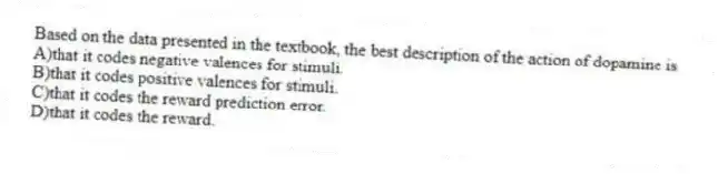 Based on the data presented in the textbook, the best description of the action of dopamine is
A)that it codes negative valences for stimuli.
B)that it codes positive valences for stimuli.
C)that it codes the reward prediction error.
D)that it codes the reward.