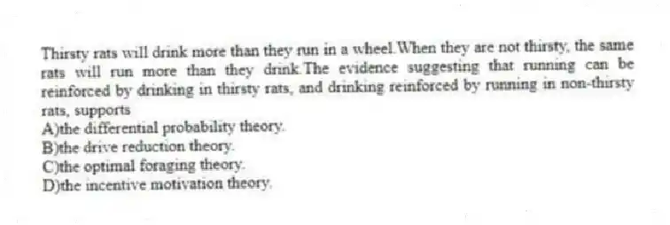 Thirsty rats will drink more than they run in a wheel.When they are not thirsty, the same rats will run more than they drink.The evidence suggesting that running can be reinforced by drinking in thirsty rats, and drinking reinforced by running in non-thirsty rats, supports
A)the differential probability theory.
B)the drive reduction theory.
C)the optimal foraging theory.
D)the incentive motivation theory.