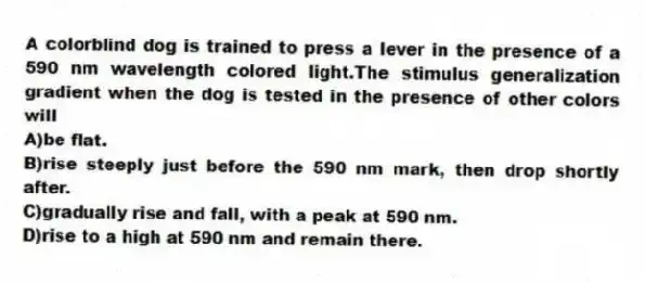 A colorblind dog is trained to press a lever in the presence of a 590 nm wavelength colored light.The stimulus generalization gradient when the dog is tested in the presence of other colors will
A)be flat.
B)rise steeply just before the 590 nm mark, then drop shortly after.
C)gradually rise and fall, with a peak at 590 nm.
D)rise to a high at 590 nm and remain there.