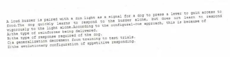 A loud buzzer is paired with a dim light as a signal for a dog to press a lever to gain access to food.The dog quickly learns to respond to the buzzer alone, but does not learn to respond vigorously to the light alone.According to the configural-cue approach, this is because of
A)the type of reinforcer being delivered.
B)the type of response required of the dog.
C)a generalization decrement from training to test trials.
D)the evolutionary configuration of appetitive responding.