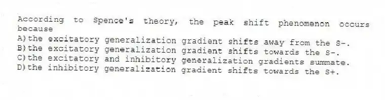 According to Spence's theory, the peak shift phenomenon occurs because
A)the excitatory generalization gradient shifts away from the S-.
B)the excitatory generalization gradient shifts towards the S-.
C)the excitatory and inhibitory generalization gradients summate.
D)the inhibitory generalization gradient shifts towards the S+.