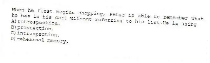 When he first begins shopping, Peter is able to remember what he has in his cart without referring to his list.He is using
A)retrospection.
B)prospection.
C)introspection.
D)rehearsal memory.