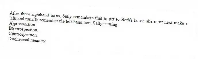 After three righthand turns, Sally remembers that to get to Beth's house she must next make a lefthand turn.To remember the left-hand turn, Sally is using
A)prospection.
B)retrospection.
C)introspection.
D)rehearsal memory.