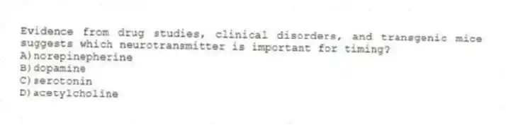 Evidence from drug studies, clinical disorders, and transgenic mice suggests which neurotransmitter is important for timing?
A)norepinepherine
B)dopamine
C)serotonin
D)acetylcholine