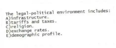 The legal-political environment includes:
A)infrastructure.
B)tariffs and taxes.
C)religion.
D)exchange rates.
E)demographic profile.