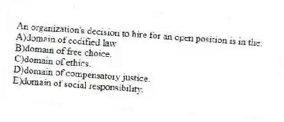 An organization's decision to hire for an open position is in the:
A)domain of codified law.
B)domain of free choice.
C)domain of ethics.
D)domain of compensatory justice.
E)domain of social responsibility.