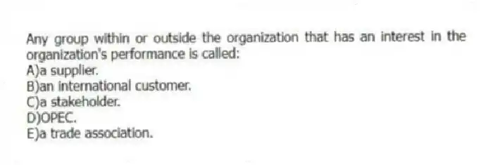 Any group within or outside the organization that has an interest in the organization's performance is called:
A)a supplier.
B)an international customer.
C)a stakeholder.
D)OPEC.
E)a trade association.