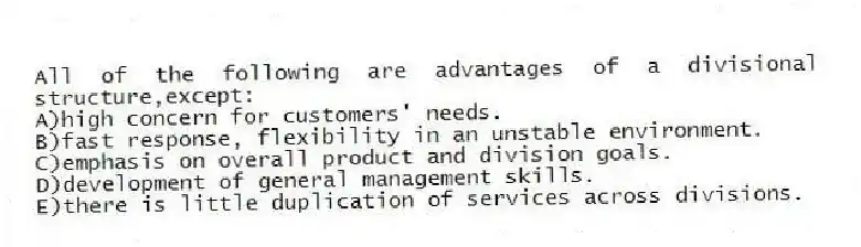 All of the following are advantages of a divisional structure,except:
A)high concern for customers' needs.
B)fast response, flexibility in an unstable environment.
C)emphasis on overall product and division goals.
D)development of general management skills.
E)there is little duplication of services across divisions.