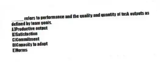 _____ refers to performance and the quality and quantity of task outputs as defined by team goals.
A)Productive output
B)Satisfaction
C)Commitment
D)Capacity to adapt
E)Norms