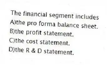 The financial segment includes
A)the pro forma balance sheet.
B)the profit statement.
C)the cost statement.
D)the R & D statement.