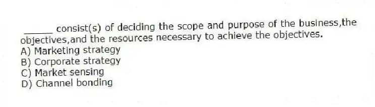 _____ consist(s) of deciding the scope and purpose of the business,the objectives,and the resources necessary to achieve the objectives.
A) Marketing strategy
B) Corporate strategy
C) Market sensing
D) Channel bonding