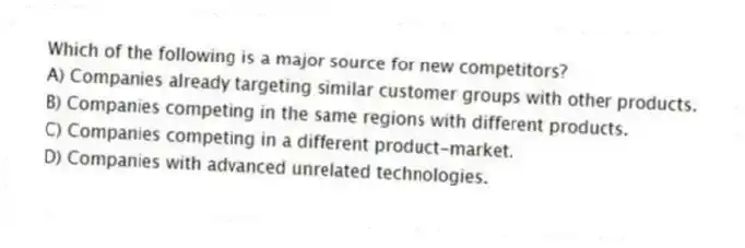 Which of the following is a major source for new competitors?
A) Companies already targeting similar customer groups with other products.
B) Companies competing in the same regions with different products.
C) Companies competing in a different product-market.
D) Companies with advanced unrelated technologies.