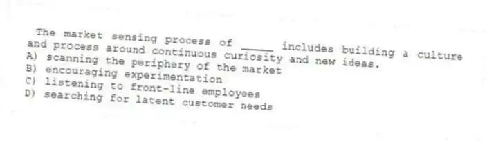 The market sensing process of _____ includes building a culture and process around continuous curiosity and new ideas.
A) scanning the periphery of the market
B) encouraging experimentation
C) listening to front-line employees
D) searching for latent customer needs