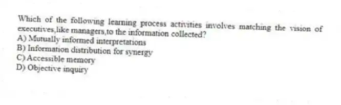 Which of the following learning process activities involves matching the vision of executives,like managers,to the information collected?
A) Mutually informed interpretations
B) Information distribution for synergy
C) Accessible memory
D) Objective inquiry