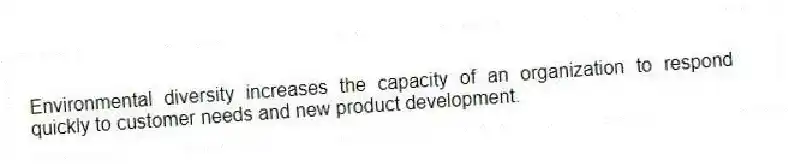 Environmental diversity increases the capacity of an organization to respond quickly to customer needs and new product development.