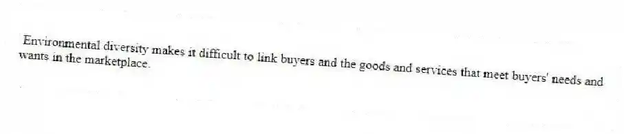  Environmental diversity makes it difficult to link buyers and the goods and services that meet buyers' needs and wants in the marketplace.