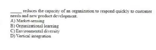 _____ reduces the capacity of an organization to respond quickly to customer needs and new product development.
A) Market-sensing
B) Organizational learning
C) Environmental diversity
D) Vertical integration