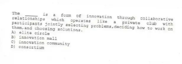 The _____ is a form of innovation through collaborative relationships which operates like a private club with participants jointly selecting problems,deciding how to work on them,and choosing solutions.
A) elite circle
B) innovation mall
C) innovation community
D) consortium