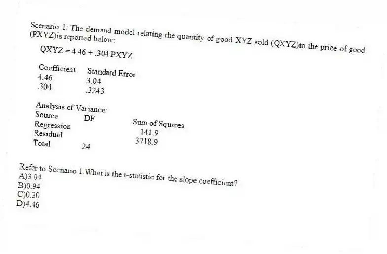 Scenario 1: The demand model relating the quantity of good XYZ sold (QXYZ)to the price of good (PXYZ)is reported below:
-Refer to Scenario 1.What is the t-statistic for the slope coefficient?
A)3.04
B)0.94
C)0.30
D)4.46