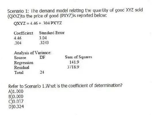 Scenario 1: The demand model relating the quantity of good XYZ sold (QXYZ)to the price of good (PXYZ)is reported below:
-Refer to Scenario 1.What is the coefficient of determination?
A)1.000
B)0.000
C)0.037
D)0.324