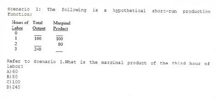 Scenario 1: The following is a hypothetical short-run production function:
-Refer to Scenario 1.What is the marginal product of the third hour of labor?
A)60
B)80
C)100
D)240