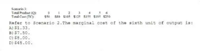 -Refer to Scenario 2.The marginal cost of the sixth unit of output is:
A)$1.33.
B)$7.50.
C)$8.00.
D)$45.00.