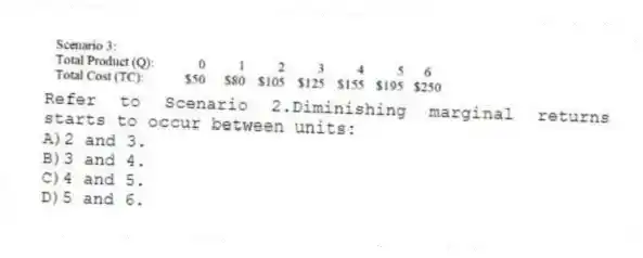 -Refer to Scenario 2.Diminishing marginal returns starts to occur between units:
A)2 and 3.
B)3 and 4.
C)4 and 5.
D)5 and 6.