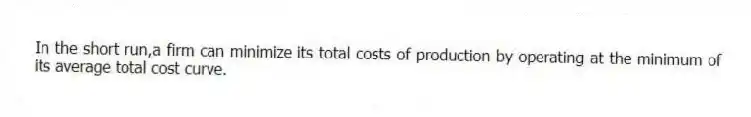 In the short run,a firm can minimize its total costs of production by operating at the minimum of its average total cost curve.