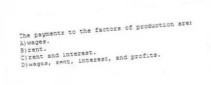 The payments to the factors of production are:
A)wages.
B)rent.
C)rent and interest.
D)wages, rent, interest, and profits.