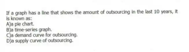 If a graph has a line that shows the amount of outsourcing in the last 10 years, it is known as:
A)a pie chart.
B)a time-series graph.
C)a demand curve for outsourcing.
D)a supply curve of outsourcing.