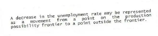 A decrease in the unemployment rate may be represented as a movement from a point on the production possibility frontier to a point outside the frontier.