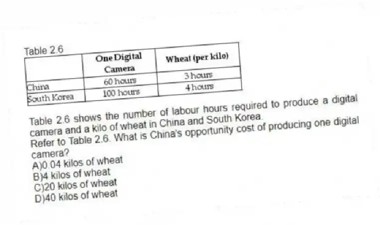 Table 2.6
Table 2.6 shows the number of labour hours required to produce a digital camera and a kilo of wheat in China and South Korea.
-Refer to Table 2.6. What is China's opportunity cost of producing one digital camera?
A)0.04 kilos of wheat
B)4 kilos of wheat
C)20 kilos of wheat
D)40 kilos of wheat