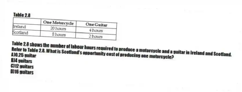 Table 2.8
Table 2.8 shows the number of labour hours required to produce a motorcycle and a guitar in Ireland and Scotland.
-Refer to Table 2.8. What is Scotland's opportunity cost of producing one motorcycle?
A)0.25 guitar
B)4 guitars
C)12 guitars
D)16 guitars