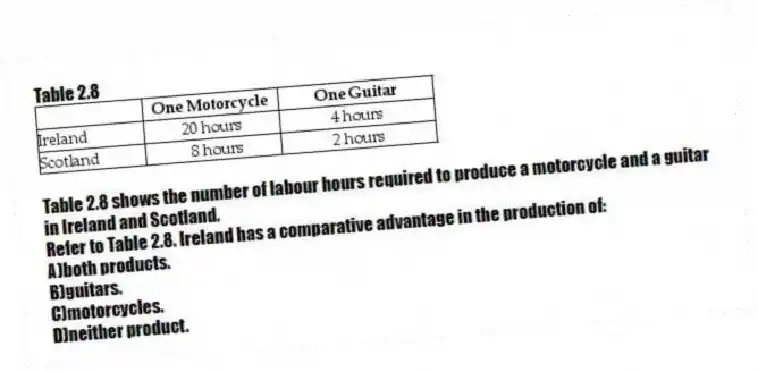 Table 2.8
Table 2.8 shows the number of labour hours required to produce a motorcycle and a guitar in Ireland and Scotland.
-Refer to Table 2.8. Ireland has a comparative advantage in the production of:
A)both products.
B)guitars.
C)motorcycles.
D)neither product.