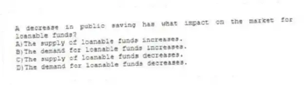 A decrease in public saving has what impact on the market for loanable funds?
A)The supply of loanable funds increases.
B)The demand for loanable funds increases.
C)The supply of loanable funds decreases.
D)The demand for loanable funds decreases.