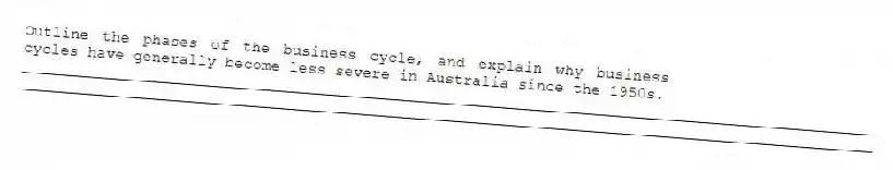 Outline the phases of the business cycle, and explain why business cycles have generally become less severe in Australia since the 1950s.
_____________________________________________________________________________________________
_____________________________________________________________________________________________