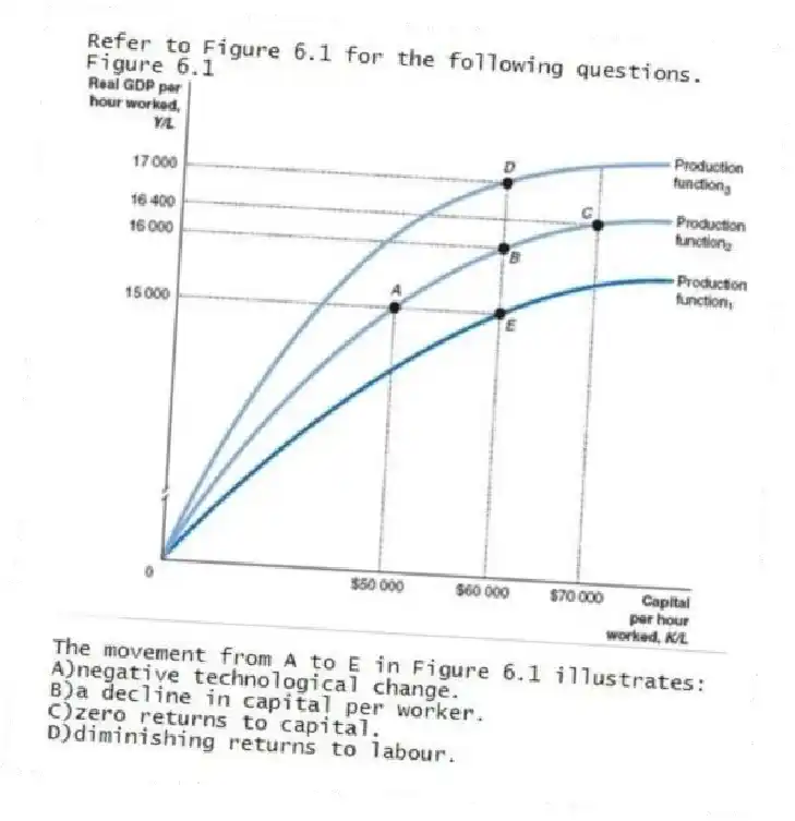 Refer to Figure 6.1 for the following questions.
Figure 6.1
 
-The movement from A to E in Figure 6.1 illustrates:
A)negative technological change. 
B)a decline in capital per worker. 
C)zero returns to capital. 
D)diminishing returns to labour.
