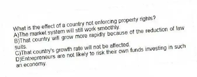 What is the effect of a country not enforcing property rights?
A)The market system will still work smoothly.
B)That country will grow more rapidly because of the reduction of law suits.
C)That country's growth rate will not be affected.
D)Entrepreneurs are not likely to risk their own funds investing in such an economy.