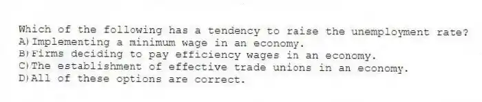 Which of the following has a tendency to raise the unemployment rate?
A)Implementing a minimum wage in an economy.
B)Firms deciding to pay efficiency wages in an economy.
C)The establishment of effective trade unions in an economy.
D)All of these options are correct.