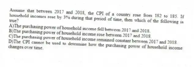 Assume that between 2017 and 2018, the CPI of a country rose from 182 to 185. If household incomes rose by 3% during that period of time, then which of the following is true?
A)The purchasing power of household income fell between 2017 and 2018.
B)The purchasing power of household income rose between 2017 and 2018.
C)The purchasing power of household income remained constant between 2017 and 2018.
D)The CPI cannot be used to determine how the purchasing power of household income changes over time.