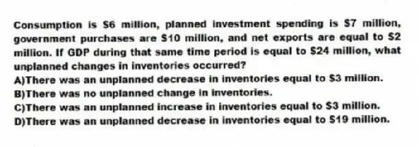 Consumption is $6 million, planned investment spending is $7 million, government purchases are $10 million, and net exports are equal to $2 million. If GDP during that same time period is equal to $24 million, what unplanned changes in inventories occurred?
A)There was an unplanned decrease in inventories equal to $3 million.
B)There was no unplanned change in inventories.
C)There was an unplanned increase in inventories equal to $3 million.
D)There was an unplanned decrease in inventories equal to $19 million.