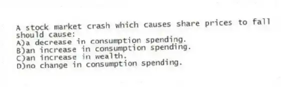 A stock market crash which causes share prices to fall should cause:
A)a decrease in consumption spending.
B)an increase in consumption spending.
C)an increase in wealth.
D)no change in consumption spending.