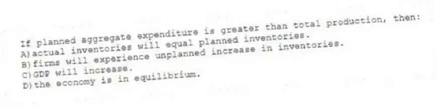 If planned aggregate expenditure is greater than total production, then:
A)actual inventories will equal planned inventories.
B)firms will experience unplanned increase in inventories.
C)GDP will increase.
D)the economy is in equilibrium.