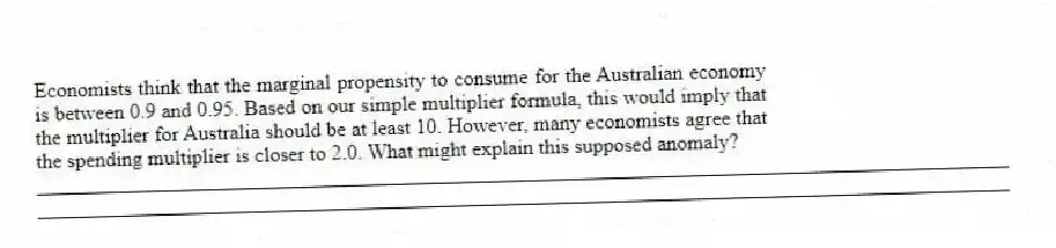 Economists think that the marginal propensity to consume for the Australian economy is between 0.9 and 0.95. Based on our simple multiplier formula, this would imply that the multiplier for Australia should be at least 10. However, many economists agree that the spending multiplier is closer to 2.0. What might explain this supposed anomaly?
_____________________________________________________________________________________________
_____________________________________________________________________________________________