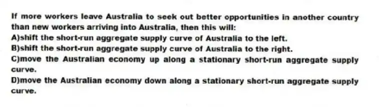 If more workers leave Australia to seek out better opportunities in another country than new workers arriving into Australia, then this will:
A)shift the short-run aggregate supply curve of Australia to the left.
B)shift the short-run aggregate supply curve of Australia to the right.
C)move the Australian economy up along a stationary short-run aggregate supply curve.
D)move the Australian economy down along a stationary short-run aggregate supply curve.