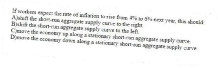 If workers expect the rate of inflation to rise from 4% to 6% next year, this should:
A)shift the short-run aggregate supply curve to the right.
B)shift the short-run aggregate supply curve to the left.
C)move the economy up along a stationary short-run aggregate supply curve.
D)move the economy down along a stationary short-run aggregate supply curve.