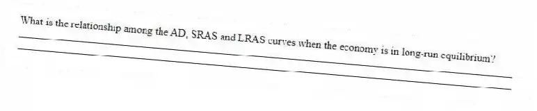 What is the relationship among the AD, SRAS and LRAS curves when the economy is in long-run equilibrium?
_____________________________________________________________________________________________
_____________________________________________________________________________________________