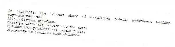 In 2015/2016, the largest share of Australian federal government welfare payments went to:
A)unemployment benefits.
B)age pensions and services to the aged.
C)disability pensions and expenditures.
D)payments to families with children.